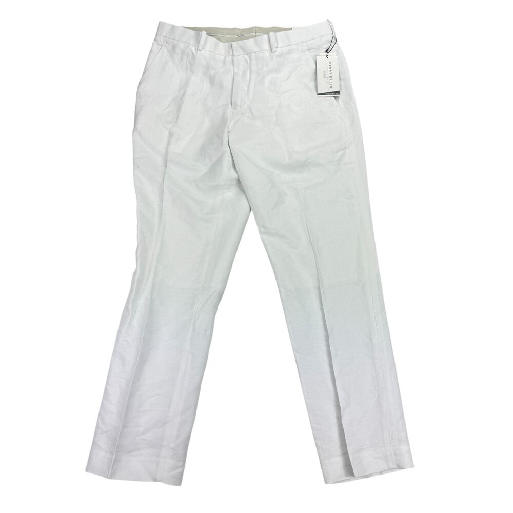 Perry Ellis Mens Linen Cotton Blend Modern Fit Dress Pants Bright White 32x29